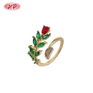 18K Gold Plated Brass Floral Leaf Ring | AAA CZ Adjustable Open Ring | For Daily & Occasion Wear | Hengdian (HD) Jewelry