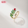 Anillo de latón chapado en oro de 18 quilates con diseño floral y hojas | Anillo abierto ajustable con circonitas cúbicas AAA | Para uso diario y ocasiones especiales | Joyería Hengdian (HD)