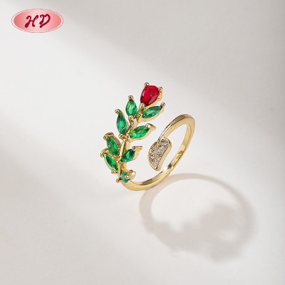 18K Gold Plated Brass Floral Leaf Ring | AAA CZ Adjustable Open Ring | For Daily & Occasion Wear | Hengdian (HD) Jewelry