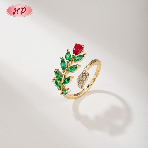 18K Gold Plated Brass Floral Leaf Ring | AAA CZ Adjustable Open Ring | For Daily & Occasion Wear | Hengdian (HD) Jewelry