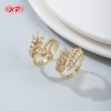 Anillo de latón chapado en oro de 18 quilates con diseño de hoja de trigo | Anillo abierto ajustable con circonitas cúbicas AAA transparentes | Ropa formal e informal para mujer de HD