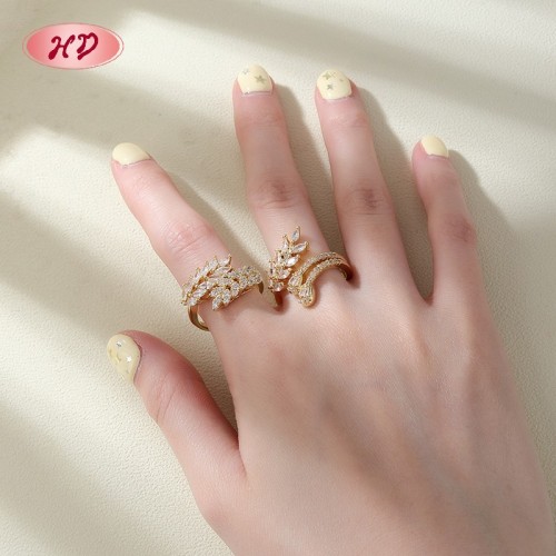 18K Gold Plated Brass Leaf Wheat Ring | Clear AAA CZ Adjustable Open Ring | Women's Formal & Casual Wear by HD