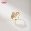 Anillo de latón chapado en oro de 18 quilates con diseño de hoja de trigo | Anillo abierto ajustable con circonitas cúbicas AAA transparentes | Ropa formal e informal para mujer de HD