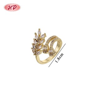 18K Gold Plated Brass Leaf Wheat Ring | Clear AAA CZ Adjustable Open Ring | Women's Formal & Casual Wear by HD