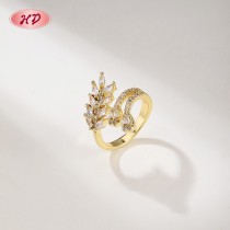 18K Gold Plated Brass Leaf Wheat Ring | Clear AAA CZ Adjustable Open Ring | Women's Formal & Casual Wear by HD