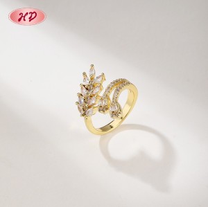 18K Gold Plated Brass Leaf Wheat Ring | Clear AAA CZ Adjustable Open Ring | Women's Formal & Casual Wear by HD