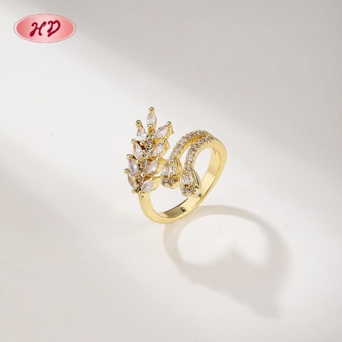18K Gold Plated Brass Leaf Wheat Ring | Clear AAA CZ Adjustable Open Ring | Women's Formal & Casual Wear by HD