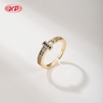 18K Gold Plated Brass Ring | Multi-Color AAA CZ Adjustable Open Ring | Trendy Streetwear & Casual Wear | HD Jewelry Bulk