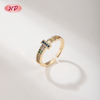 HD 18K Gold Plated Ring | Multi-Color AAA CZ Adjustable Open Brass Ring | Trendy Casual Wear