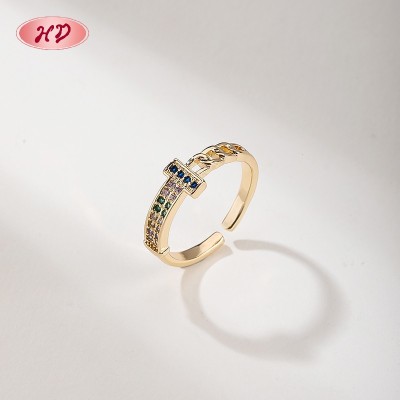 HD 18K Gold Plated Ring | Multi-Color AAA CZ Adjustable Open Brass Ring | Trendy Casual Wear