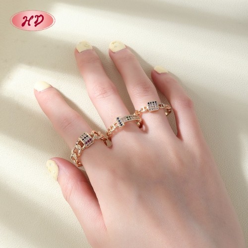 18K Gold Plated Brass Ring | Multi-Color AAA CZ Adjustable Open Ring | Trendy Streetwear & Casual Wear | HD Jewelry Bulk