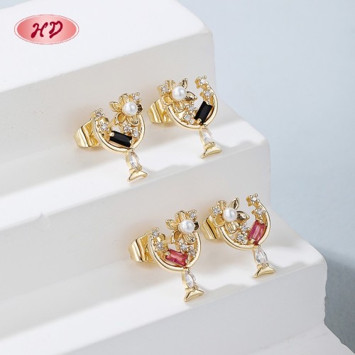 Wholesale 18K Gold Plated Flower Moon Huggie Hoop Earrings with Black CZ Stone Accents | Hengdian Jewelry