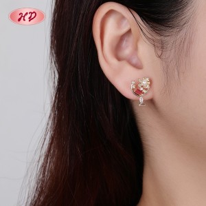 Wholesale 18K Gold Plated Floral Crescent Moon Huggie Earrings with Pink Baguette CZ