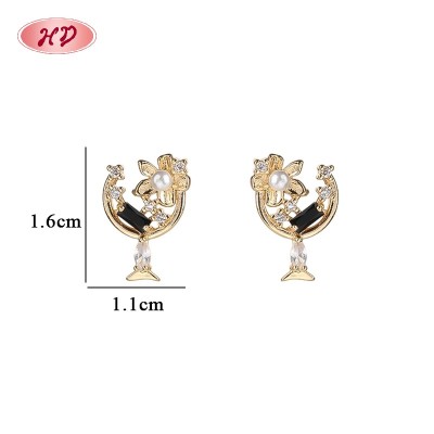 Wholesale 18K Gold Plated Flower Moon Huggie Hoop Earrings with Black CZ Stone Accents