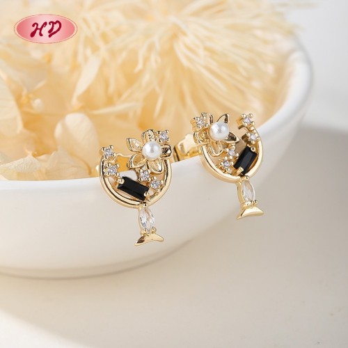 18K Gold Plated Copper Alloy Floral Moon AAA Zircon Stud Earrings | Classic Jewelry Wholesale | Wedding Bridal Daily Use