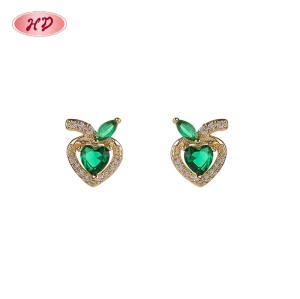 18K Gold Plated Stud Earrings with Copper Alloy | Women's Red Green Fruit Zircon Ear Studs Bulk Gift