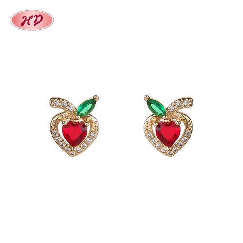 18K Gold Plated Stud Earrings with Copper Alloy | Women's Red Green Fruit Zircon Ear Studs Bulk Gift