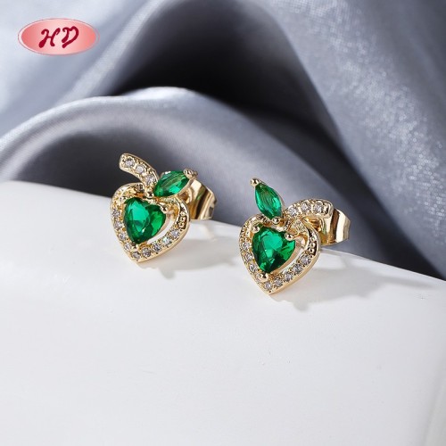 18K Gold Plated Stud Earrings with Copper Alloy | Women's Red Green Fruit Zircon Ear Studs Bulk Gift