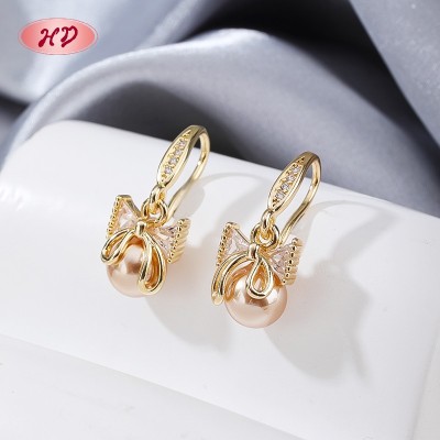 Wholesale Bow Knot Pink Pearl Drop Huggie Earrings for Bridal Gifting | Manufacturer Romantic CZ Jewelry