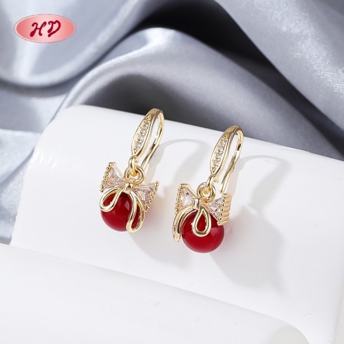 Factory Direct Red Agate Bow Drop Huggie Earrings for Chinese Wedding | Wholesale Lucky Jewelry Supply