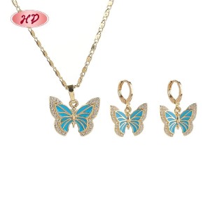 Trendig 18K Vergoldet Schmetterling Halskette & OhrRinge Set | Messing Damen Geschenk SchmuckSet with Blue CZ for Jubiläum