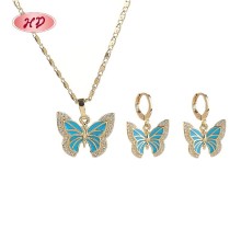 Trendig 18K Vergoldet Schmetterling Halskette & OhrRinge Set | Messing Damen Geschenk SchmuckSet with Blue CZ for Jubiläum