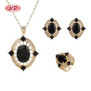Niedlich 18K Vergoldet Black Zirkon Ring Halskette OhrRinge Set | Damen Messing SchmuckSet for Täglich Accessoire