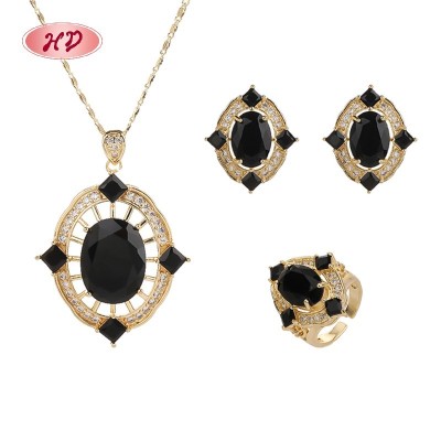 Niedlich 18K Vergoldet Black Zirkon Ring Halskette OhrRinge Set | Damen Messing SchmuckSet for Täglich Accessoire