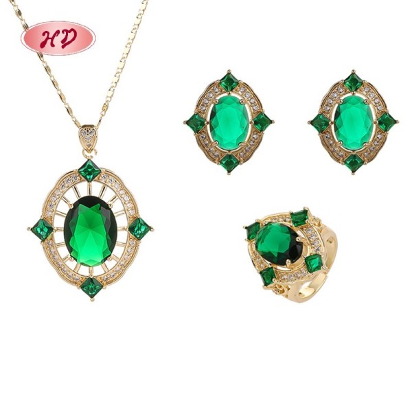 18K Vergoldet Green Gem Ring Halskette OhrRinge Set | Hengdian Schmuck Mengen for Party | Damen Kupferlegierung SchmuckSet
