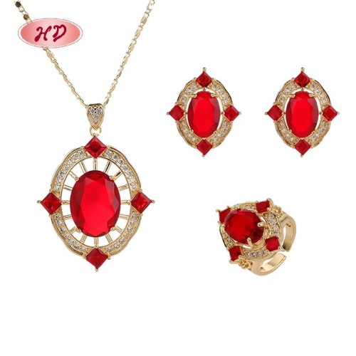 18K Vergoldet Red Gem Ring Halskette OhrRinge Set | Hengdian Schmuck Mengen for Geschenk Braut | Damen Copper SchmuckSet