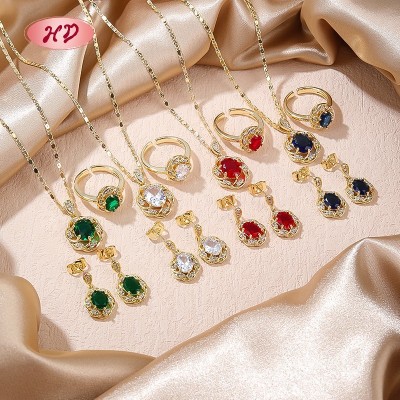 18K Vergoldet Bunt Kubischer Zirkonia SchmuckSet | Klassisch OhrRinge Halskette and Ring für Damen | Geschenk and Büro