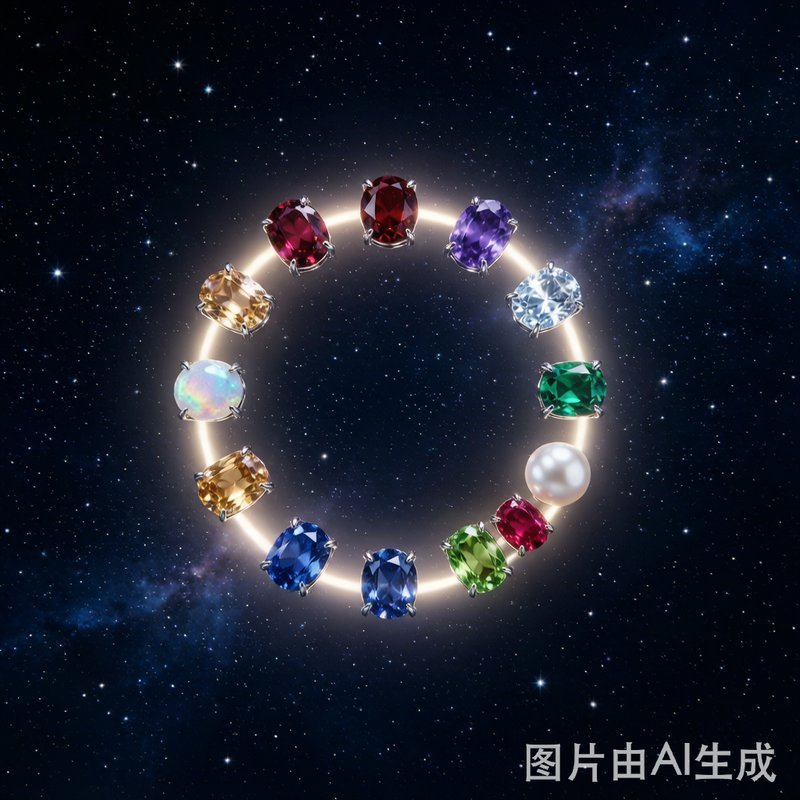 12 Birthstone Guardian Gemstones Arranged in a Glowing Circle Under Starry Night Sky - Luxury Jewelry Photography