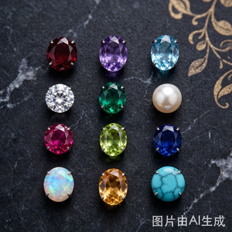 12 Months Birthstone Collection - Garnet Amethyst Aquamarine Diamond Emerald Pearl Ruby Peridot Sapphire Opal Topaz Turquoise Artistic Flat Lay