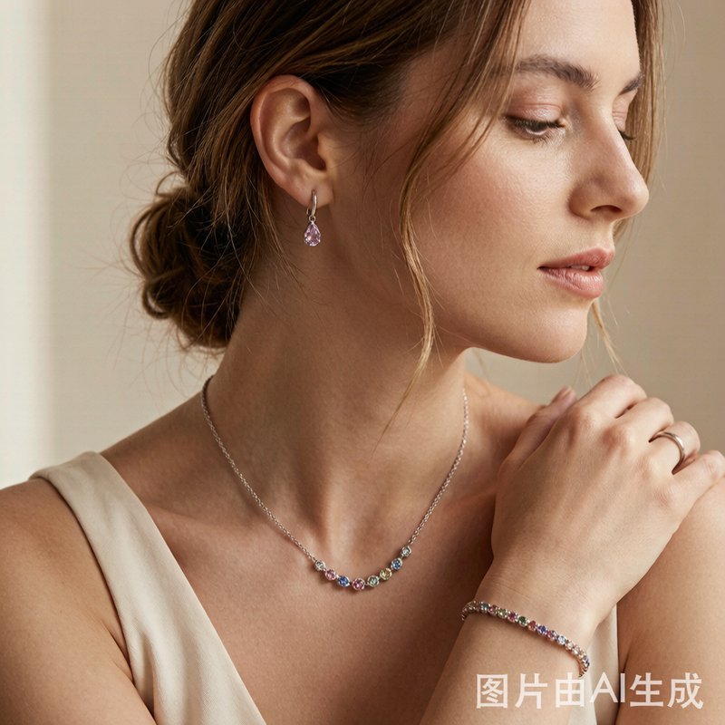 Woman Wearing Multiple Birthstone Jewelry Pieces - Elegant Lifestyle Photography with Necklace Earrings and Bracelet