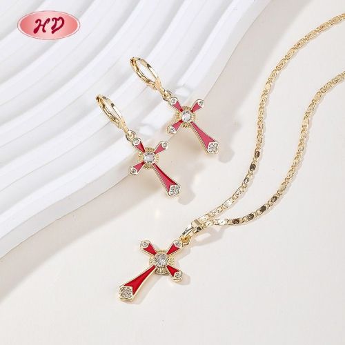 Supplier Elegant Cross Jewelry Set Green Enamel CZ 18K Gold Plated Brass Bulk Wholesale