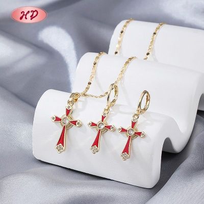 Wholesale Elegant Cross Jewelry Set Multicolor Enamel CZ 18K Gold Plated Brass Manufacturer