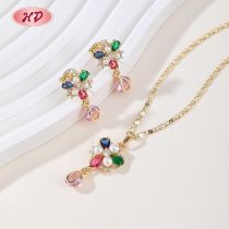 Bulk Religious Cross Jewelry Set Multicolor CZ Pearl 18K Gold Plated Brass Factory Export