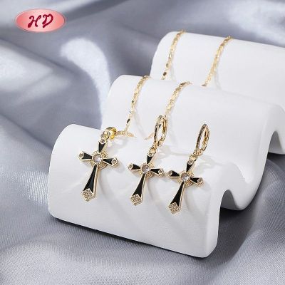 Vintage Cross Jewelry Set Multicolor Enamel CZ 18K Gold Plated Brass Factory Supply