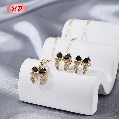 Bulk Classic Bowknot Jewelry Set Black CZ 18K Gold Plated Brass Factory Direct Supply
