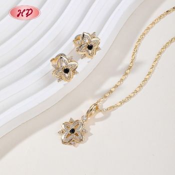 Factory Floral Four-Petal Jewelry Set Black CZ 18K Gold Plated Brass Wholesale Bulk