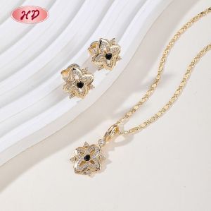 Factory Floral Four-Petal Jewelry Set Black CZ 18K Gold Plated Brass Wholesale Bulk