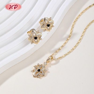 Factory Floral Four-Petal Jewelry Set Black CZ 18K Gold Plated Brass Wholesale Bulk