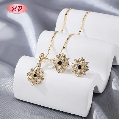 Factory Floral Four-Petal Jewelry Set Black CZ 18K Gold Plated Brass Wholesale Bulk