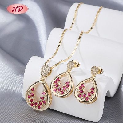 Custom Geometric Teardrop Jewelry Set Pink CZ 18K Gold Plated Brass OEM Manufacturer