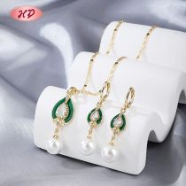 Wholesale Nature Leaf Jewelry Set Green Enamel & Pearl 18K Gold Plated Brass Exporter