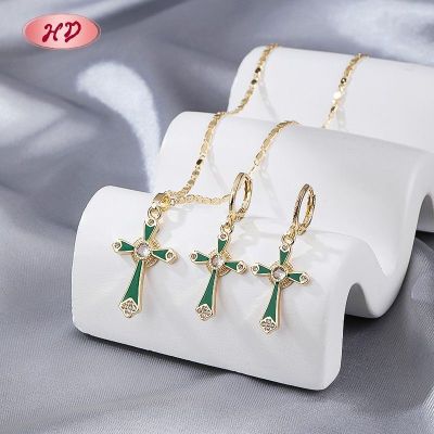 Supplier Elegant Cross Jewelry Set Green Enamel CZ 18K Gold Plated Brass Bulk Wholesale