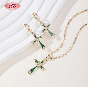Supplier Elegant Cross Jewelry Set Green Enamel CZ 18K Gold Plated Brass Bulk Wholesale