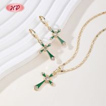 Supplier Elegant Cross Jewelry Set Green Enamel CZ 18K Gold Plated Brass Bulk Wholesale