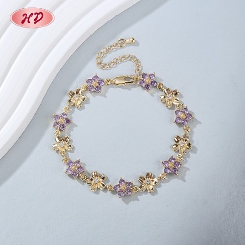 Fábrica Directa Brazalete Floral CZ Púrpura | Tennis Bañado Oro 18K