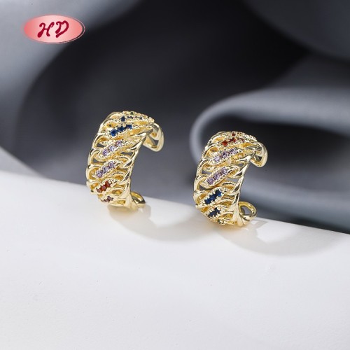 18K Gold Plated Brass Clip On Earrings Multicolor AAA CZ Feather Wing Non Pierced Wholesale for Women